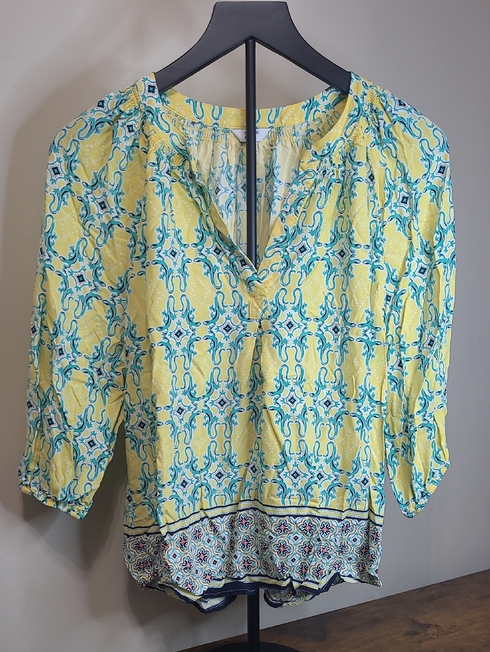 Crown & Ivy Yellow & Teal Geometric Peasant Blouse size Medium